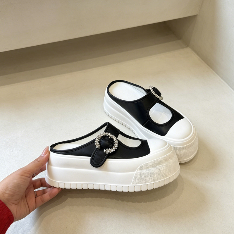 玛丽珍水钻扣包头半拖鞋女 外穿厚底小白鞋 懒人一脚蹬松糕凉拖