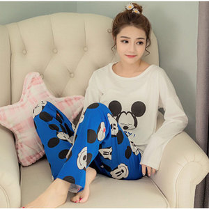 春秋季休闲圆领女士长袖睡衣莫代韩版大码女装卡通长裤套装家居服