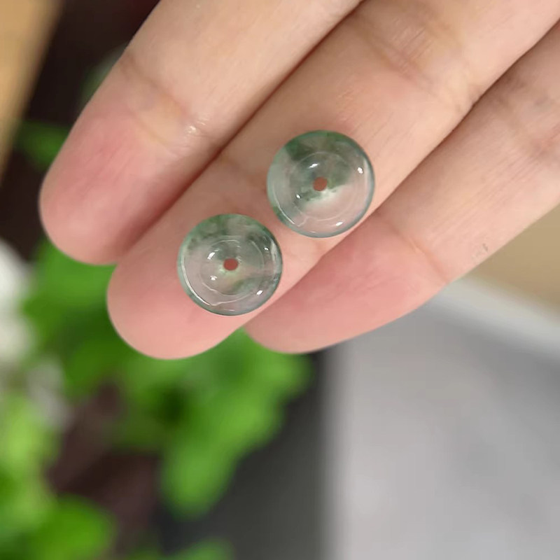 缅甸天然A货翡翠冰种平安扣一对裸石女款飘花耳钉玉扣小提溜坠饰