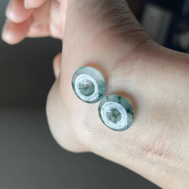 缅甸天然翡翠A货冰种飘花平安扣耳环耳坠平安环甜圈圈耳饰