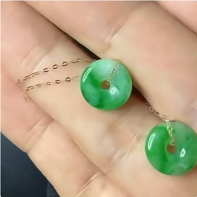 18K金耳线镶嵌辣绿天然A货翡翠平安扣小环耳坠耳饰耳环