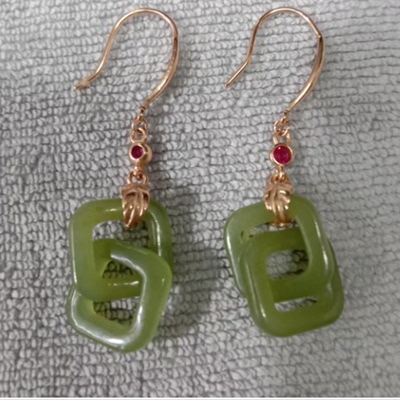 天然玉石和田碧玉双环连环耳环耳坠a货925银耳饰饰品