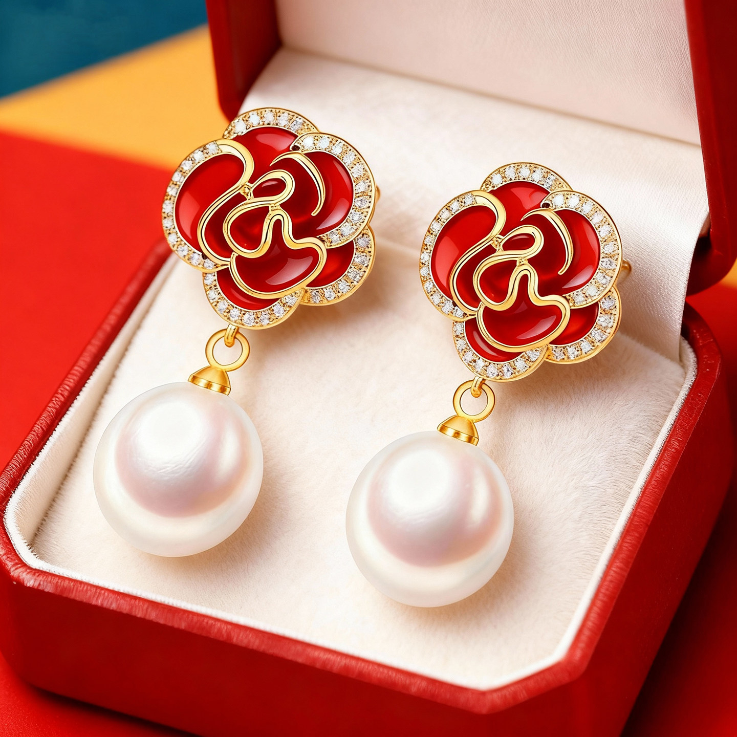 红色山茶花珍珠耳环复古港风耳坠金色方圆脸轻奢高级感花朵耳饰,饰品/流行首饰/时尚饰品新,耳环,淘宝优惠券,粉丝福利购,淘宝优惠卷