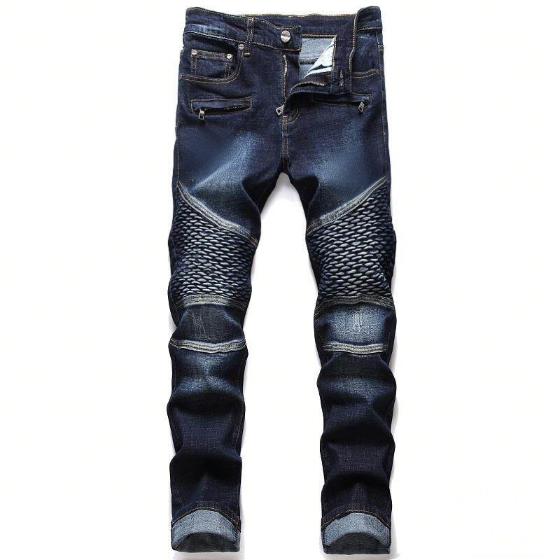欧美潮流高街机车褶皱牛仔裤弹力BIKER JEANS口袋拉链修身直脚裤