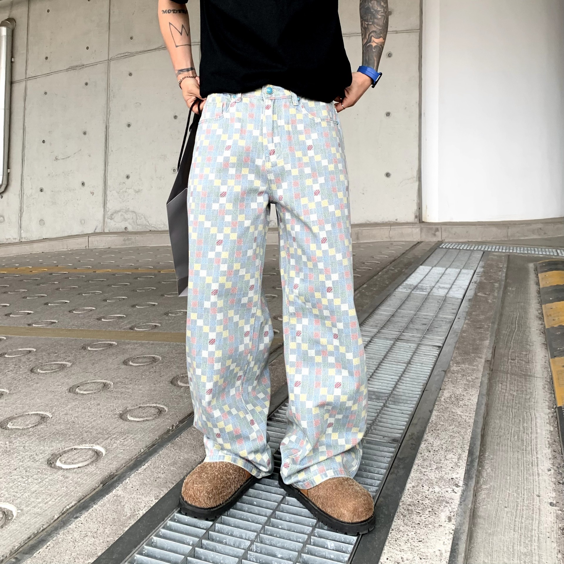 彩色格子阔腿裤男新款牛仔裤休闲直筒慵懒风格纹裤子夏高街棋盘格