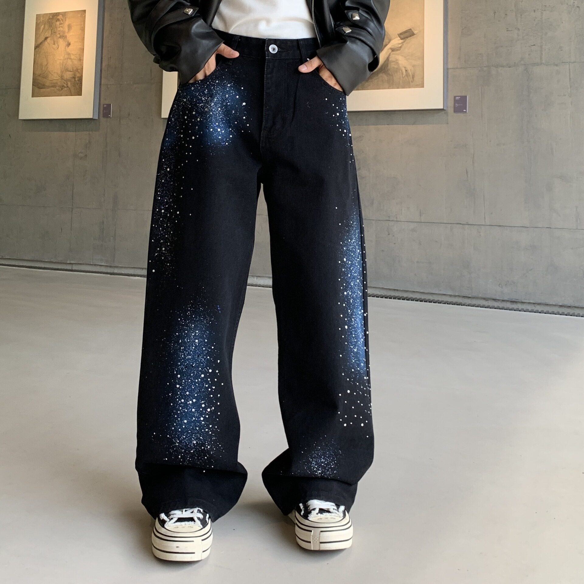 美式高街银河黑高端烫钻设计牛仔裤男宽松直筒百搭痞帅星空阔腿裤