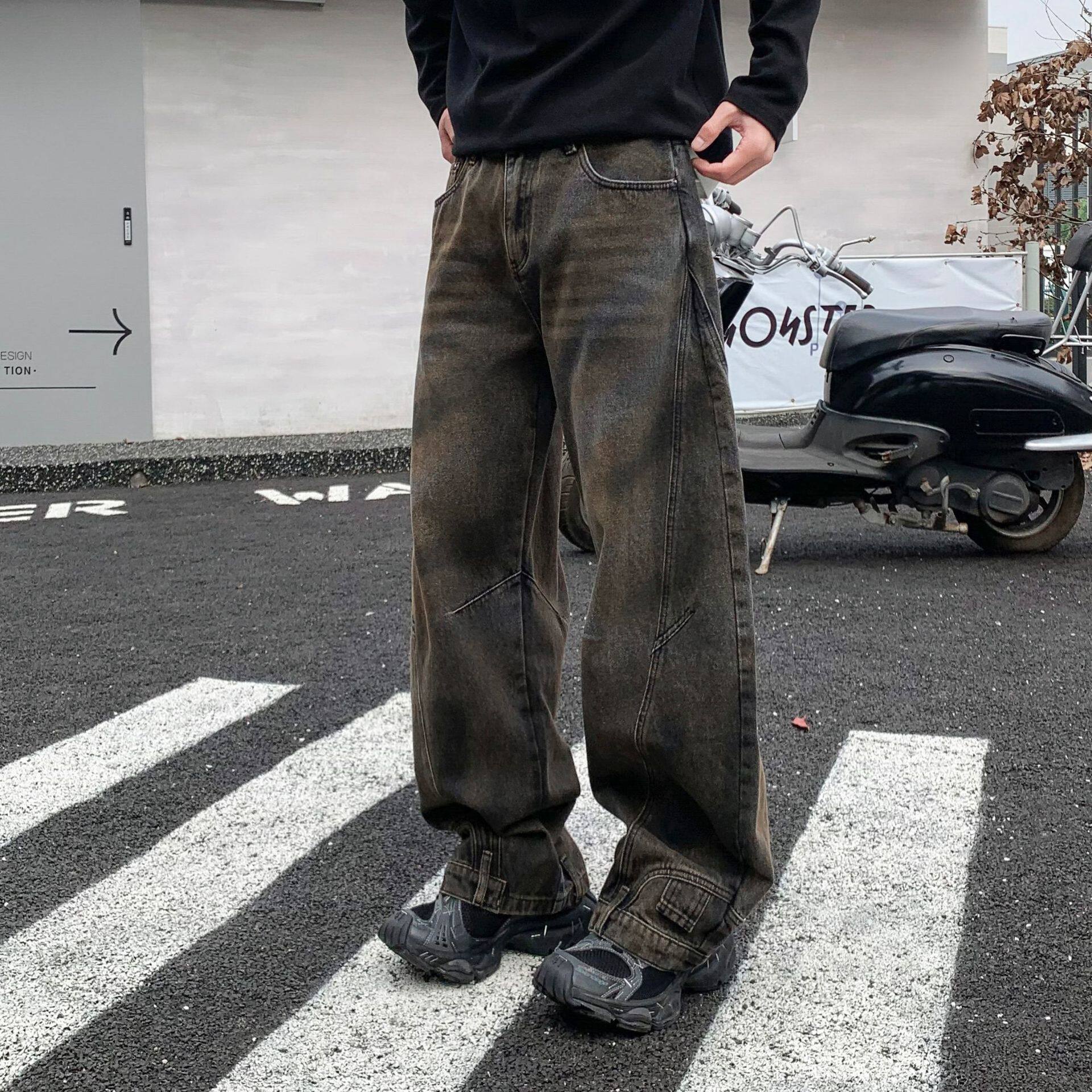 美式潮牌倒装反穿水洗做旧牛仔裤男新款阔腿高街弯刀裤子秋冬加绒