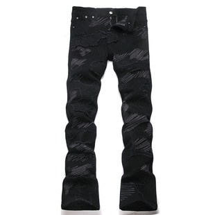 假破洞轻奢微喇裤 街头痞帅潮牌长裤 刺绣牛仔裤 黑色修身 子 男款 冬季