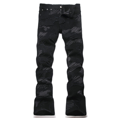 冬季假破洞轻奢微喇裤刺绣牛仔裤男款黑色修身街头痞帅潮牌长裤子