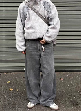 美式水洗黑灰微喇牛仔裤子男夏季潮牌宽松休闲压皱青少年阔腿长裤