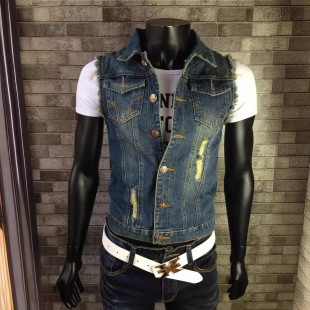 潮款 修身 个性 胖人做旧机车男士 破洞牛仔马甲潮男背心青年 大码 春季