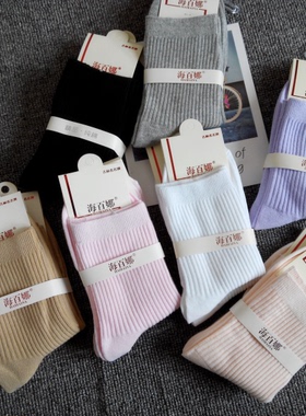 5双装女士纯棉袜子中筒棉袜白色透气加厚款运动袜日系韩版仿无骨