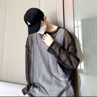 王嘉尔同款渔网叠穿单穿超轻薄透明上衣薄纱蕾丝宽松大码长袖T恤