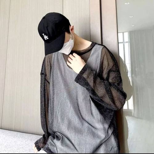 长袖港风银丝透明网纱长袖T恤