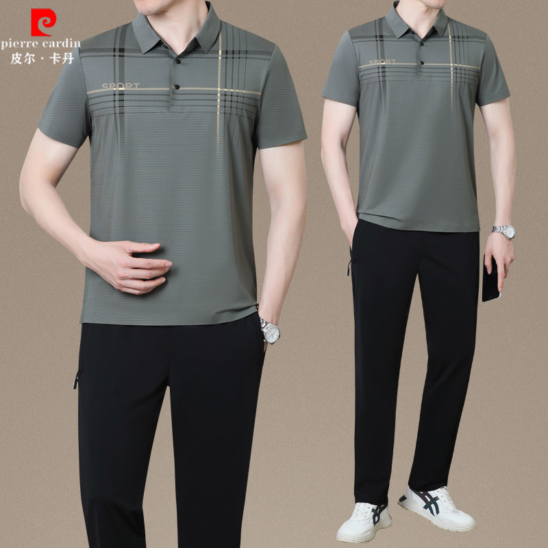 皮尔卡丹品牌中老年运动套装男士夏季爸爸夏装短袖t恤休闲运动服