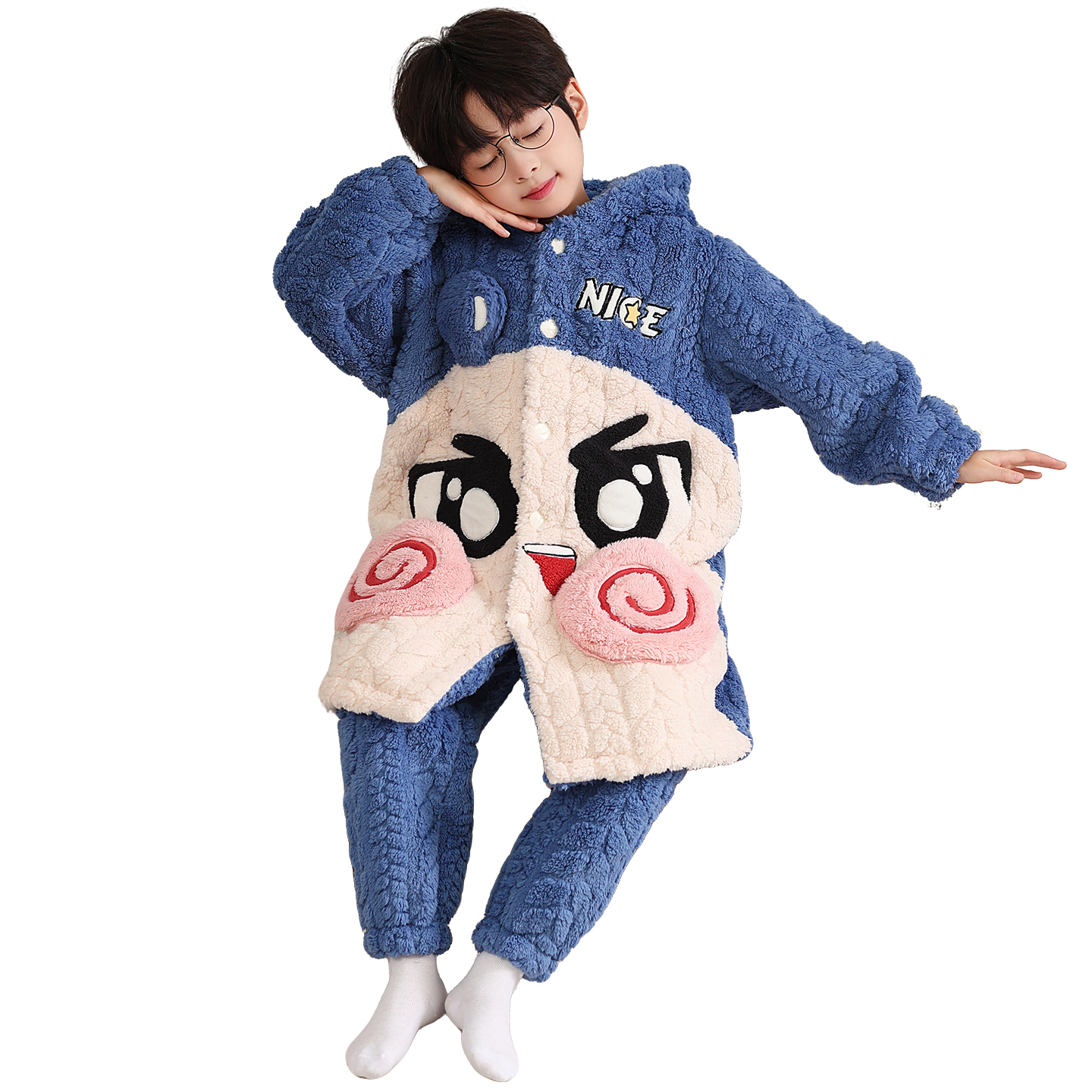 冬季中大男童睡袍珊瑚绒儿童睡衣裤女孩卡通法兰绒家居服蛋仔派对
