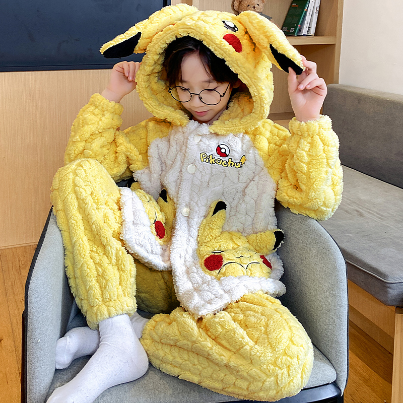 皮卡丘男女冬季珊瑚绒家居服套装