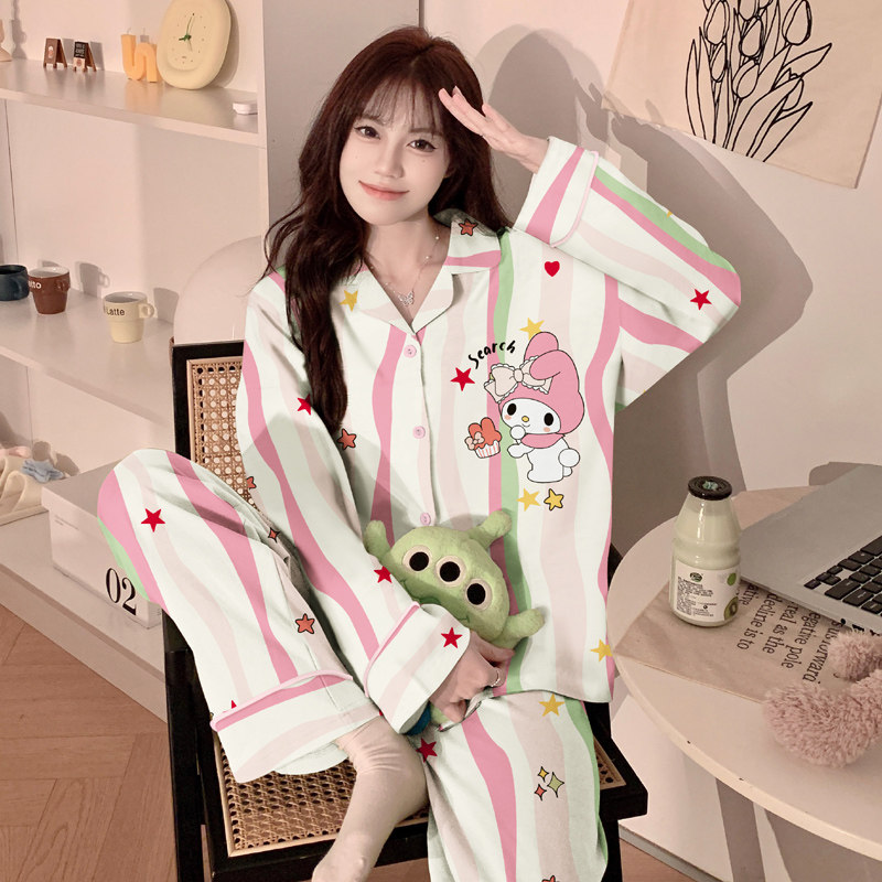 条纹美乐蒂冬季新款儿童睡衣少女法兰绒圆领卡通保暖家居服亲子装