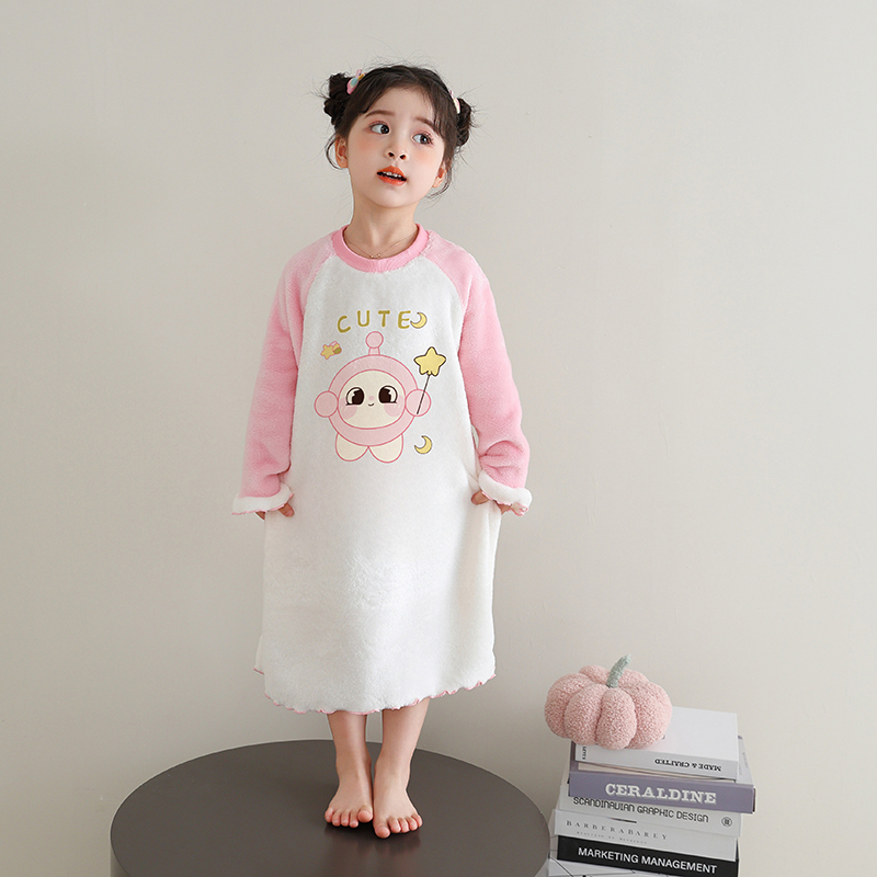 蛋仔长袖睡裙冬季法兰绒卡通珊瑚绒宝宝儿童睡衣女孩家居服中大童
