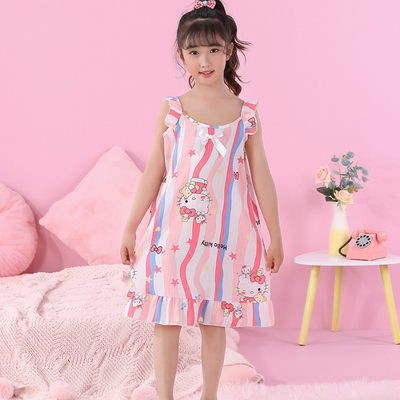 儿童睡衣夏季条纹KT猫吊带裙云朵棉女孩卡通薄款吊带裙空调家居服