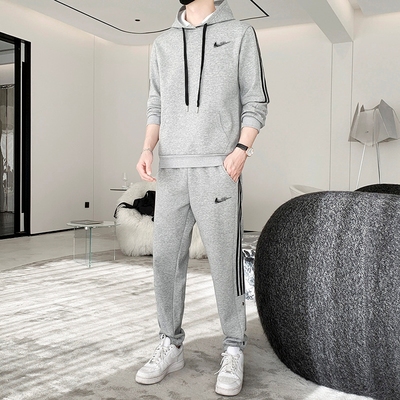 耐克顿运动套装男秋冬季大码连帽卫衣加绒加厚纯棉休闲帅气两件套