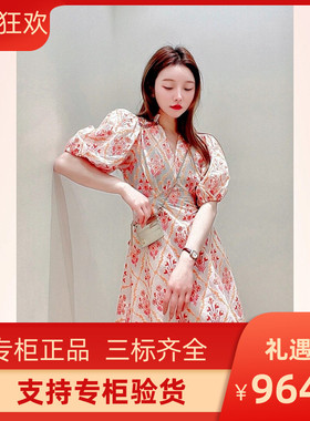 2022年专柜正品V领印花泡泡袖收腰连衣裙MFPRO02219