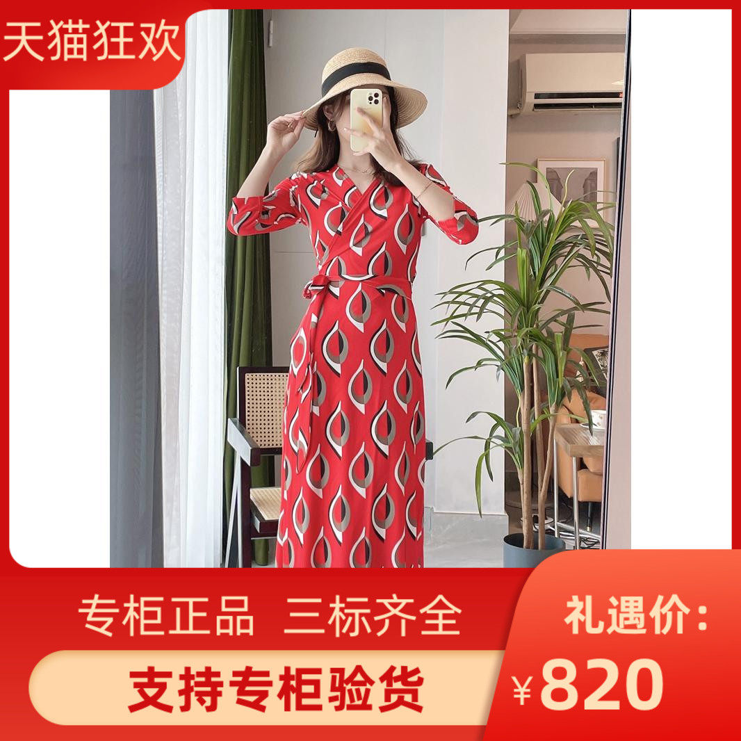 DI DVF明星张庭同款连衣裙收腰夏新款显瘦红色气质长裙一片式裹身