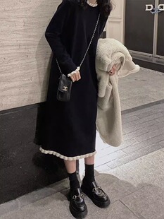 秋冬季 过膝气质打底毛衣裙潮 小黑裙配大衣针织连衣裙法式 女中长款