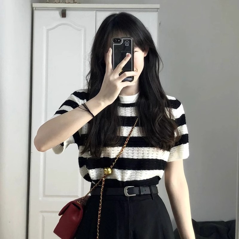 条纹冰丝针织衫短袖t恤