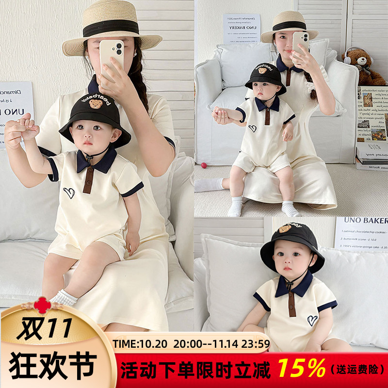 高端母女连衣裙亲子装夏装一家三口小月龄婴儿母子polo衫短袖t恤