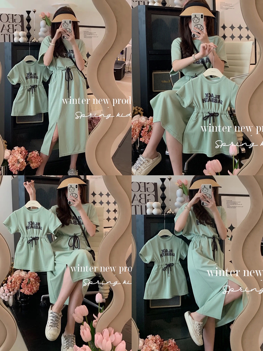 宝宝炸街亲子装夏装t恤一家三口婴儿爬服母女连衣裙洋气纯棉短袖