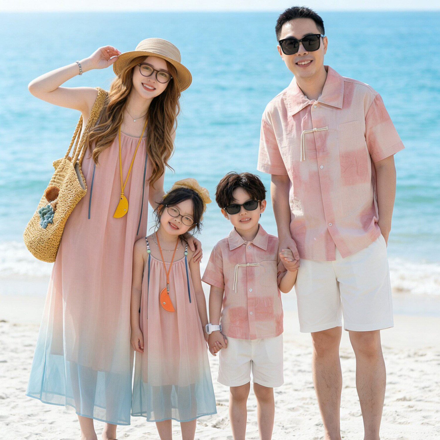 三亚海边度假母女吊带沙滩裙亲子装一家三口夏装2026新款洋气衬衫