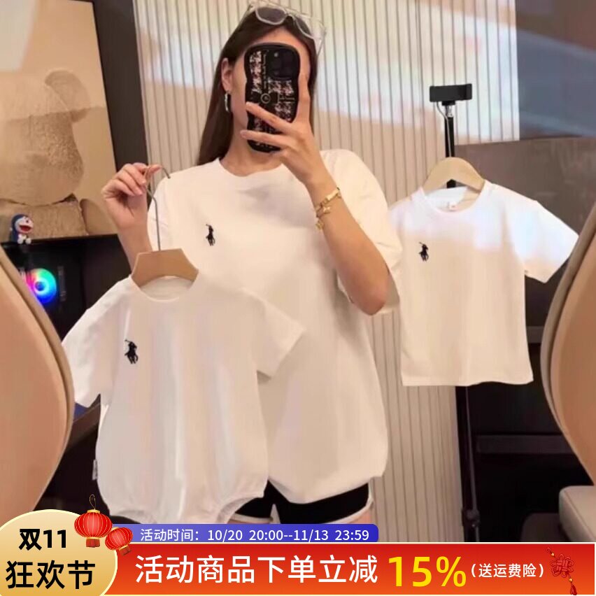 网红亲子装夏装一家三口小月龄婴儿爬服纯棉刺绣母女母子短袖t恤