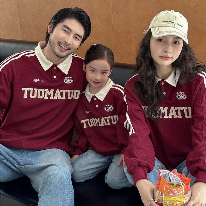 韩版一家三口亲子秋装学院风polo衫卫衣刺绣宽松运动棒球服家庭装