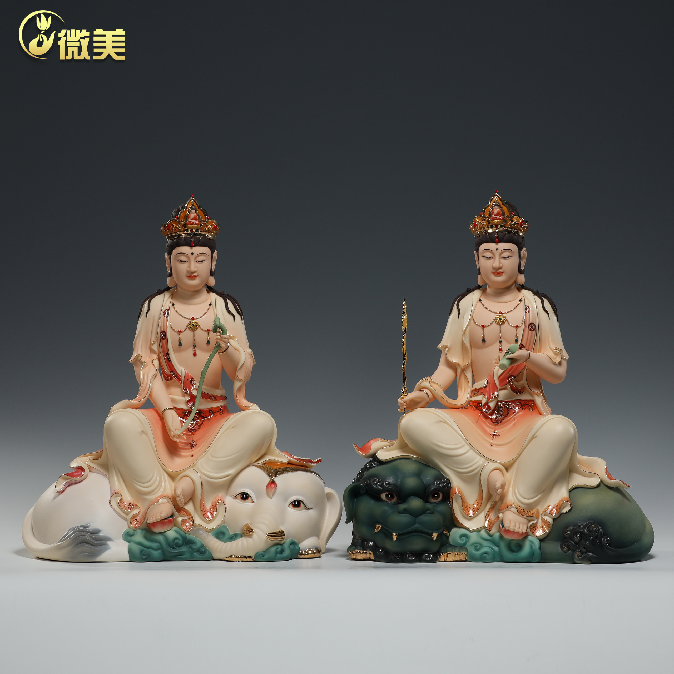 晟美陶瓷14寸16寸文殊普贤佛像家居佛堂供奉文殊普贤菩萨装饰摆件