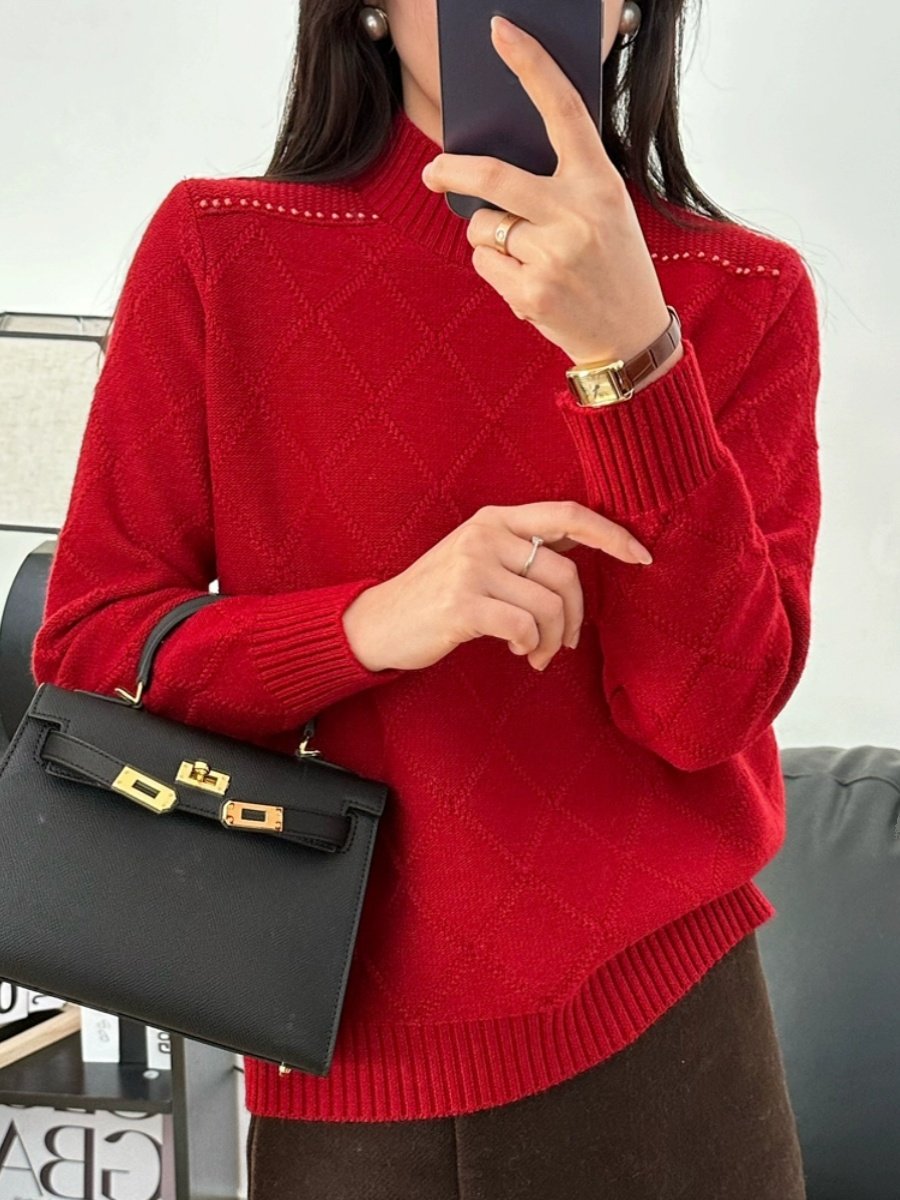 RED SEMI-TURTLENECK SWEATER WOMENS NEW WINTER LOOSE THICKENED PULLOVER TOPS WESTERN KNITTED BASE LAYERS