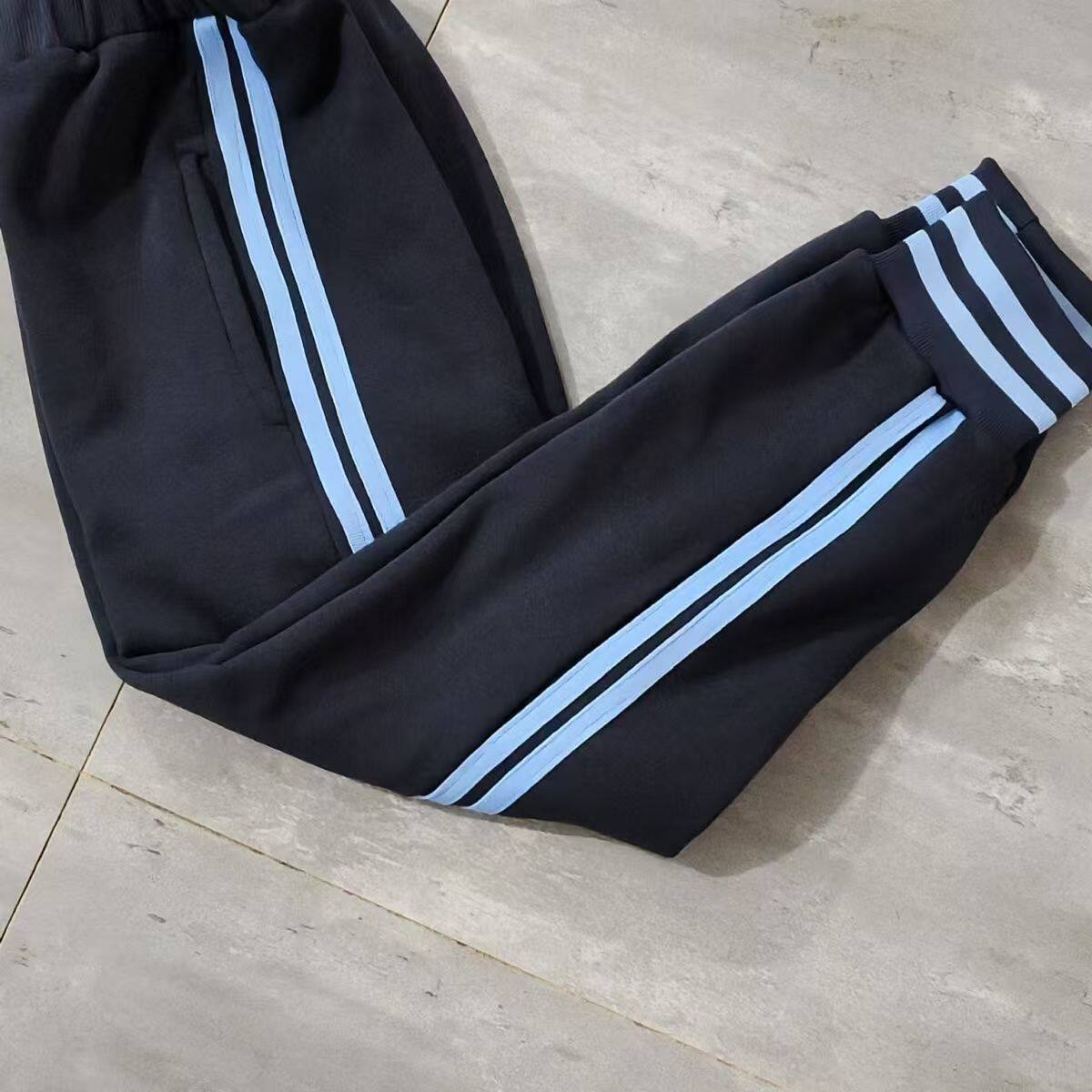 定制小学生春秋冬款校服薄款松紧束脚蓝脚口两道浅蓝针织条