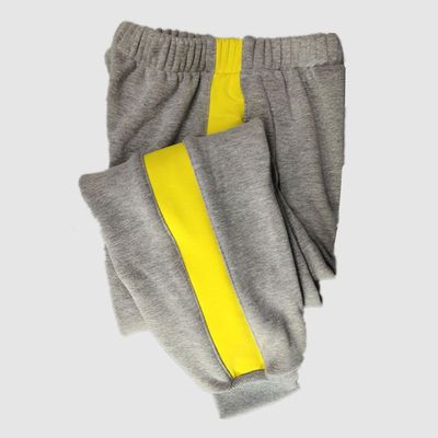 浅灰色加绒校服裤子宽黄杠一道杠宽边收口束脚运动裤儿童学生校裤