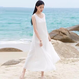 夏季宽松大摆裙女装无袖大码双层连衣裙文艺背心裙连衣长裙子