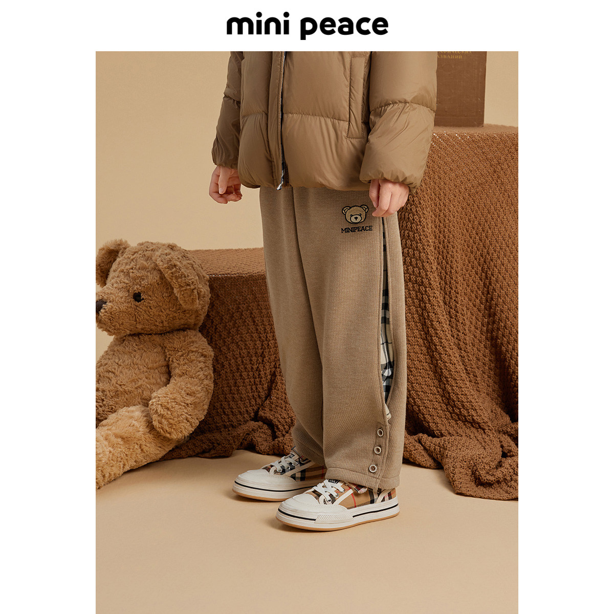 【专柜同款】MINIPEACE太平鸟童装男童卫裤冬季薄绒加绒小熊裤子