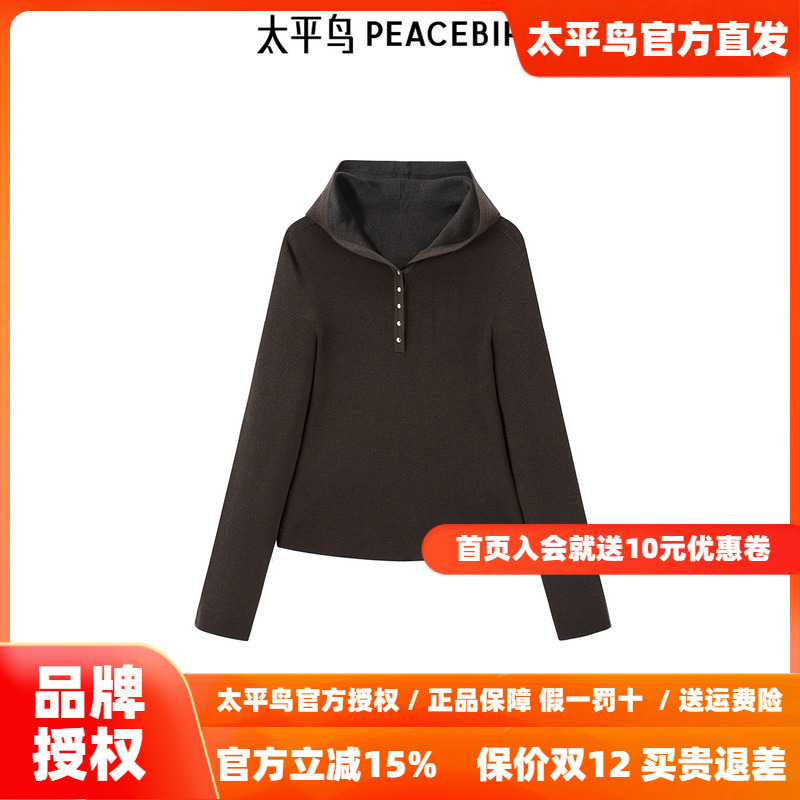 太平鸟女装25年新款进口美丽诺无缝可机洗连帽套衫上衣A1EEF1108