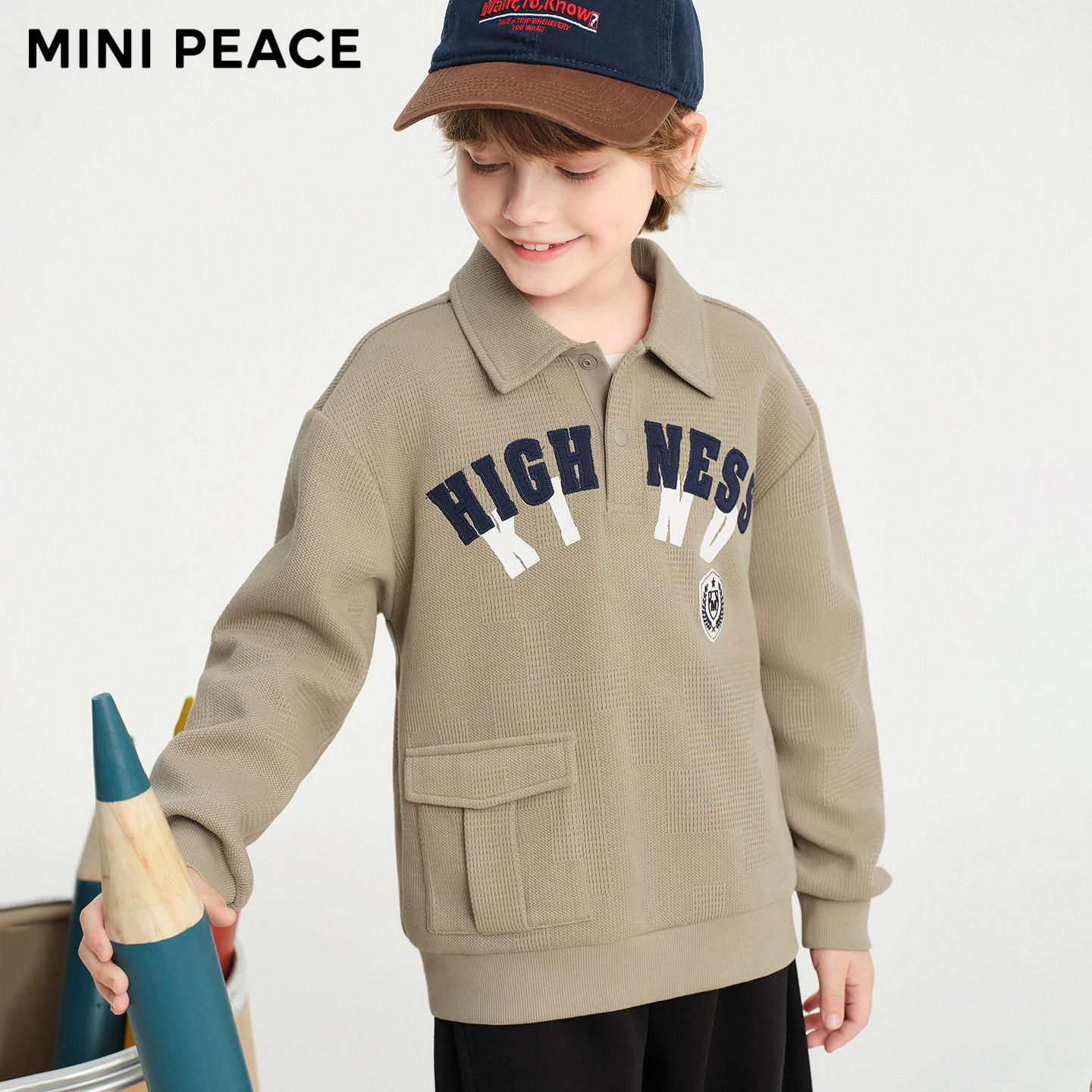 MINIPEACE太平鸟童装男童POLO领卫衣秋季儿童撞色字母贴布上衣