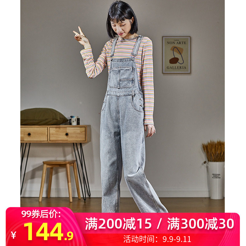 唐狮官方旗舰店2020秋时尚牛仔裤女韩版宽松直筒显瘦百搭背带裤女