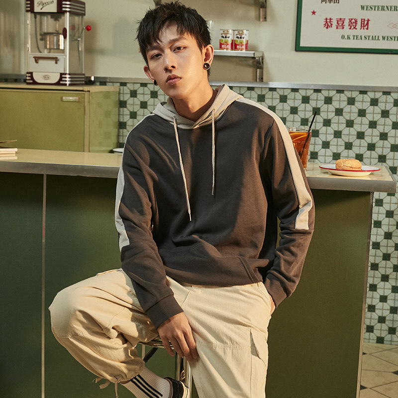 唐狮官方旗舰店2020秋卫衣男连帽港风拼接宽松套头帽衫外套潮ins