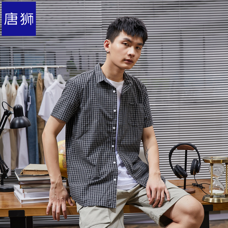 唐狮官方旗舰店夏格子短袖衬衫男休闲学生黑色宽松衬衣外套韩版潮