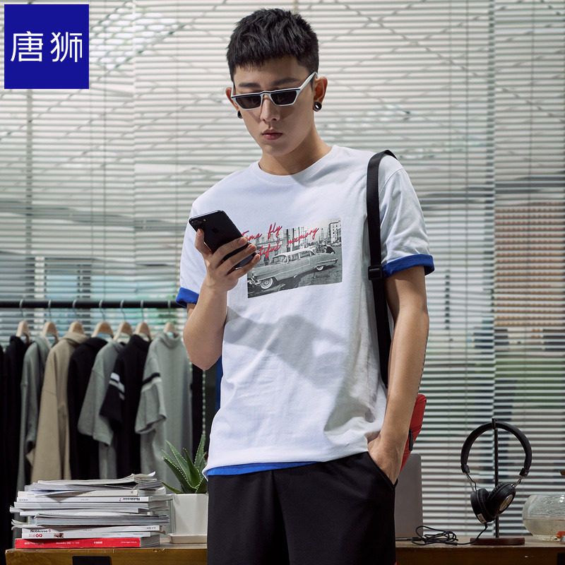 唐狮官方旗舰店夏新款短袖T恤男复古照片印花体恤学生港风ins潮牌