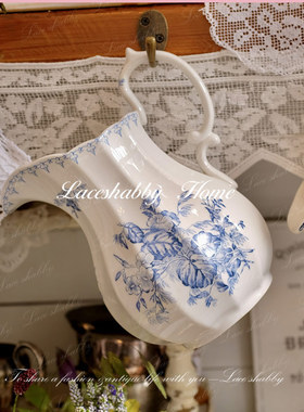 治愈系的家！LACESHABBY法式复古蓝色碎花中古陶瓷花瓶花器水培