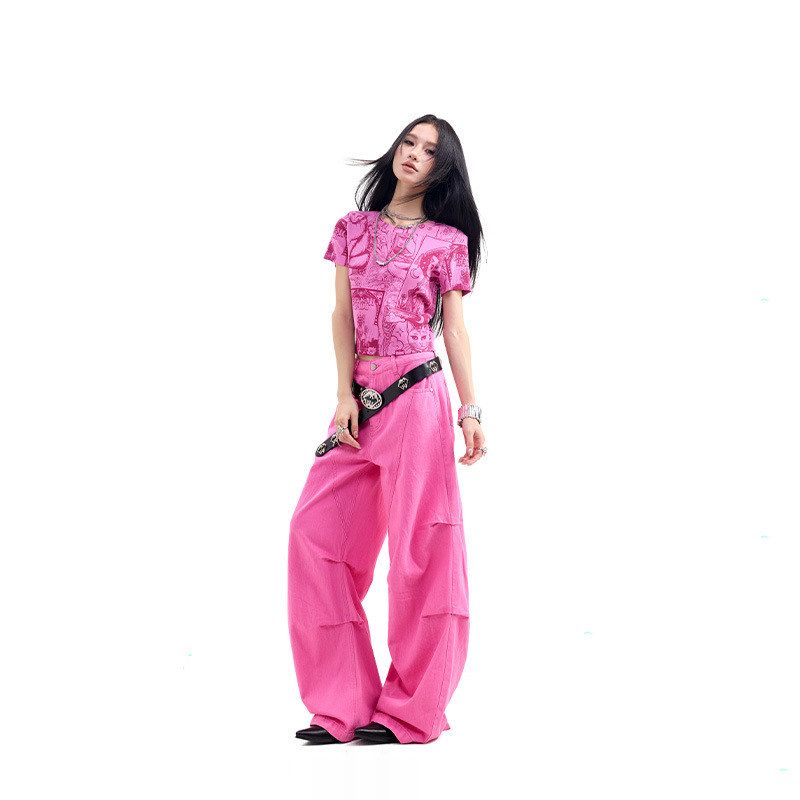 拓谷潮牌正肩短袖女t恤辣妹猫猫印花短款T恤夏季女装新款上衣ins图片