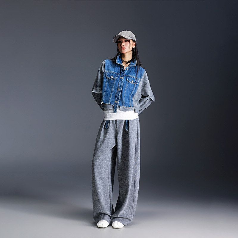 拓谷美式牛仔拼接卫衣外套宽松阔腿休闲裤秋季套装女时尚两件套潮图片