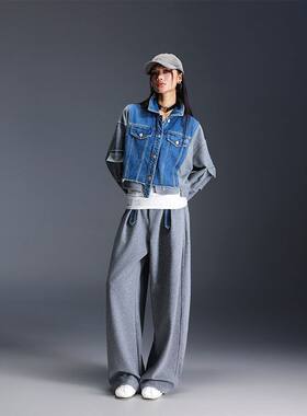 拓谷美式牛仔拼接卫衣外套宽松阔腿休闲裤秋季套装女时尚两件套潮